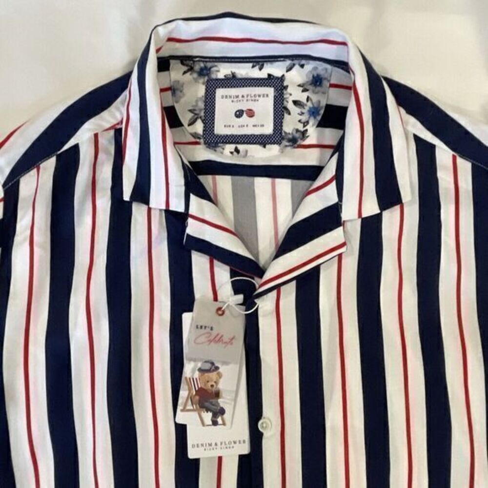 Denim & Flower size Small Men's White Red Blue Striped Button Down Shirt NWT
